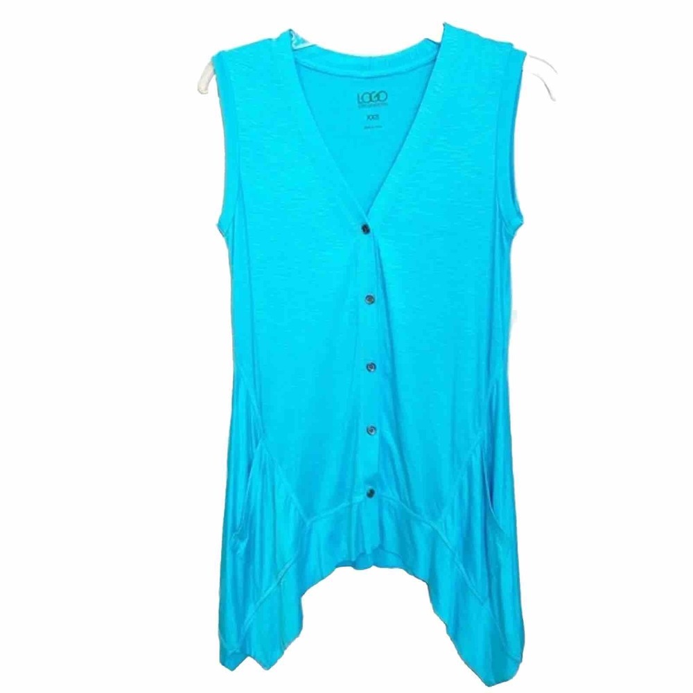 LOGO Lori Goldstein Womens XXS Turquoise Blue Slub Knit Sharkbite Tunic Tank Top